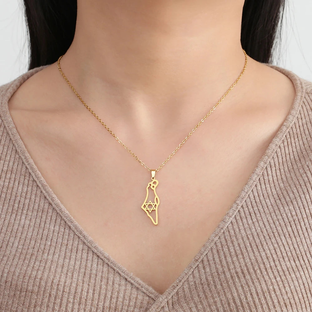 Jewish Israel Map Pendant Necklace – Gold Stainless Steel Star of David Choker