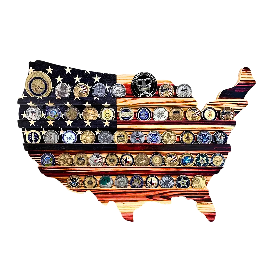 Wooden American US Flag Coin Display