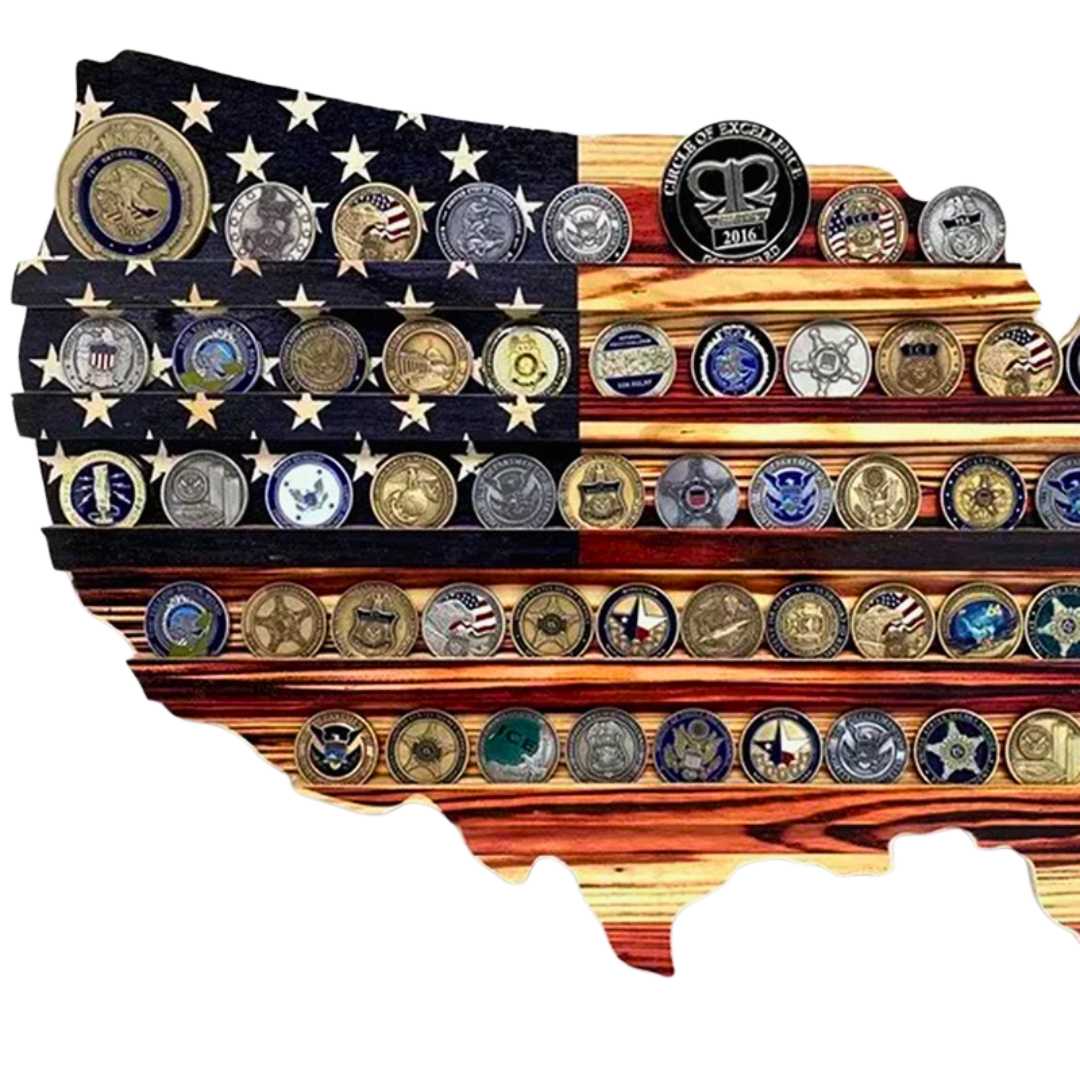 Wooden American US Flag Coin Display