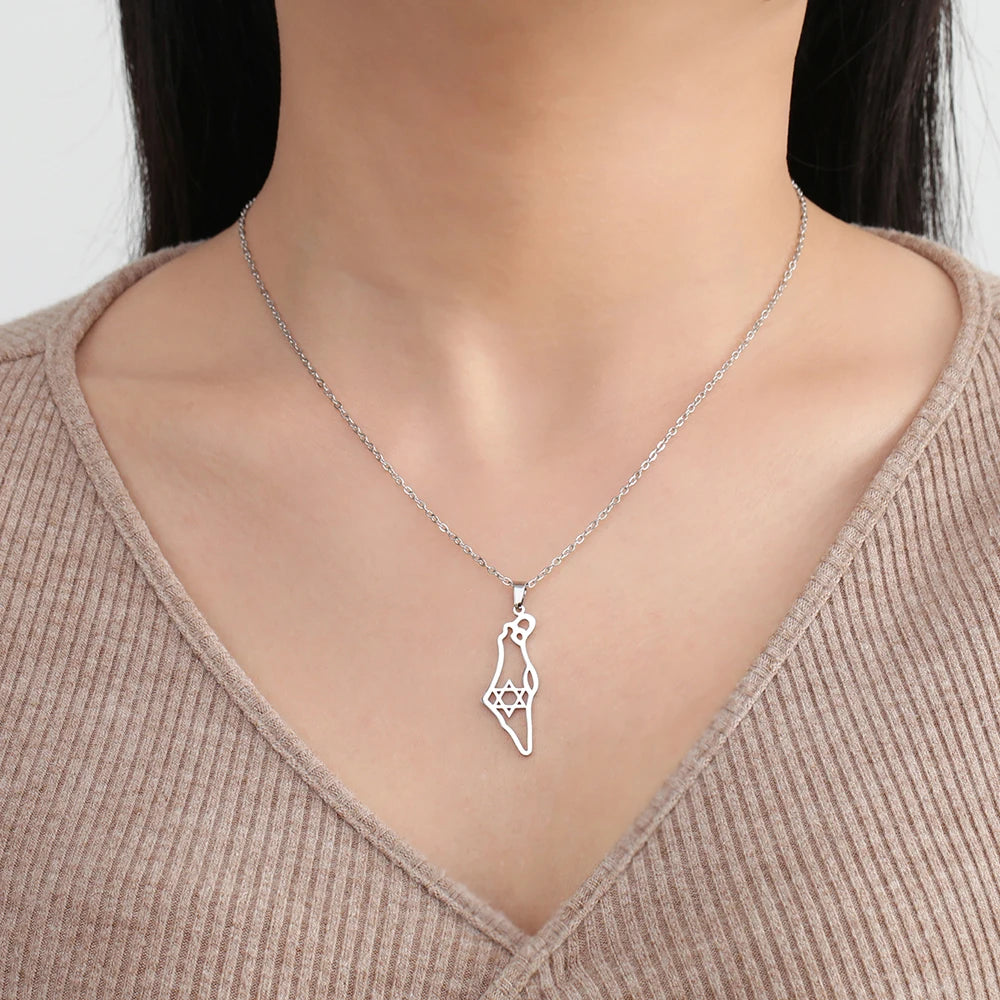 Jewish Israel Map Pendant Necklace – Gold Stainless Steel Star of David Choker