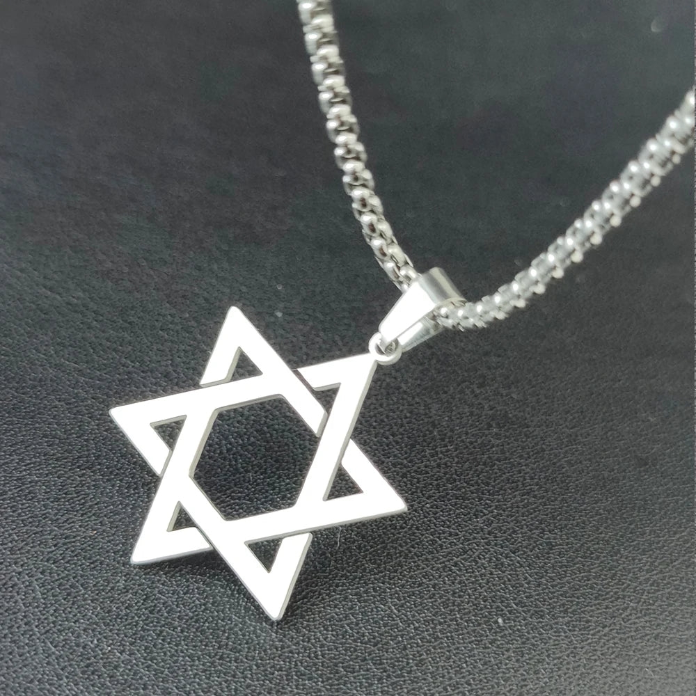 Classic Star of David Pendant Necklace – Black / Gold / Silver Stainless Steel + Free 24″ Chain