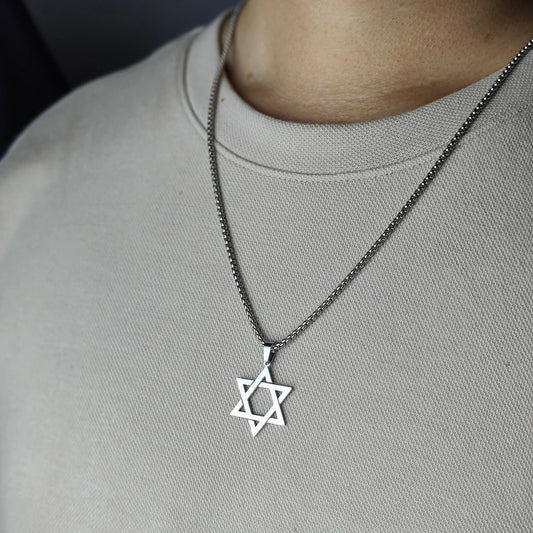 Classic Star of David Pendant Necklace – Black / Gold / Silver Stainless Steel + Free 24″ Chain