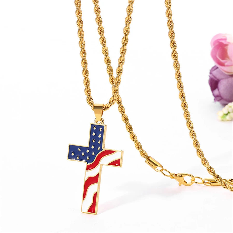USA Flag Cross Necklace – Patriotic Rhinestone Pendant for Men & Women